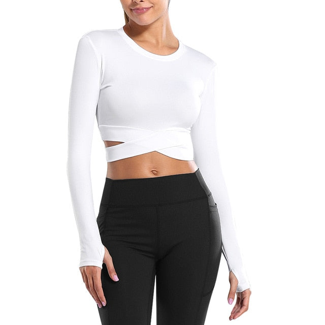 Women Long Sleeve Running Shirts Sexy Exposed Navel Yoga T-shirts Solid Sports Shirts Quick Dry Fitness Gym Crop Tops Sport Wear