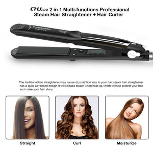 steam hair straightener nagetive ion curler 2 in 1 Tourmaline Ceramic flat iron 450F salon straightening hair styling tools