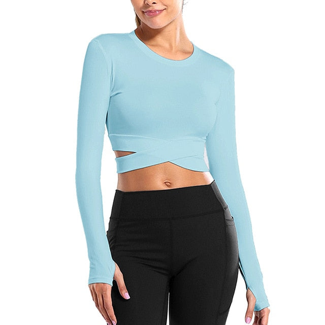 Women Long Sleeve Running Shirts Sexy Exposed Navel Yoga T-shirts Solid Sports Shirts Quick Dry Fitness Gym Crop Tops Sport Wear