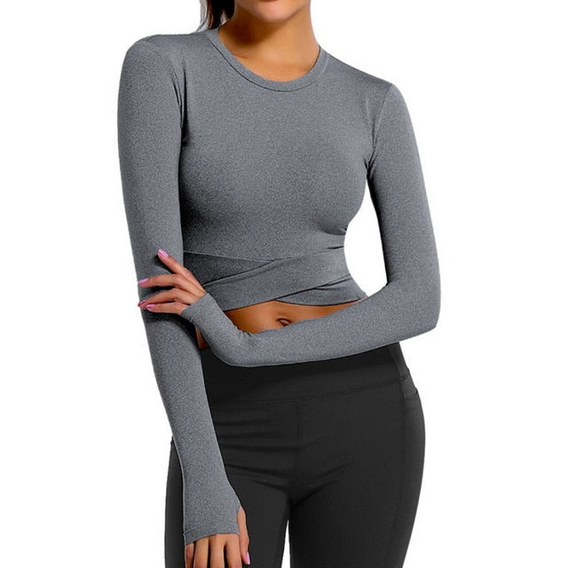 Women Long Sleeve Running Shirts Sexy Exposed Navel Yoga T-shirts Solid Sports Shirts Quick Dry Fitness Gym Crop Tops Sport Wear